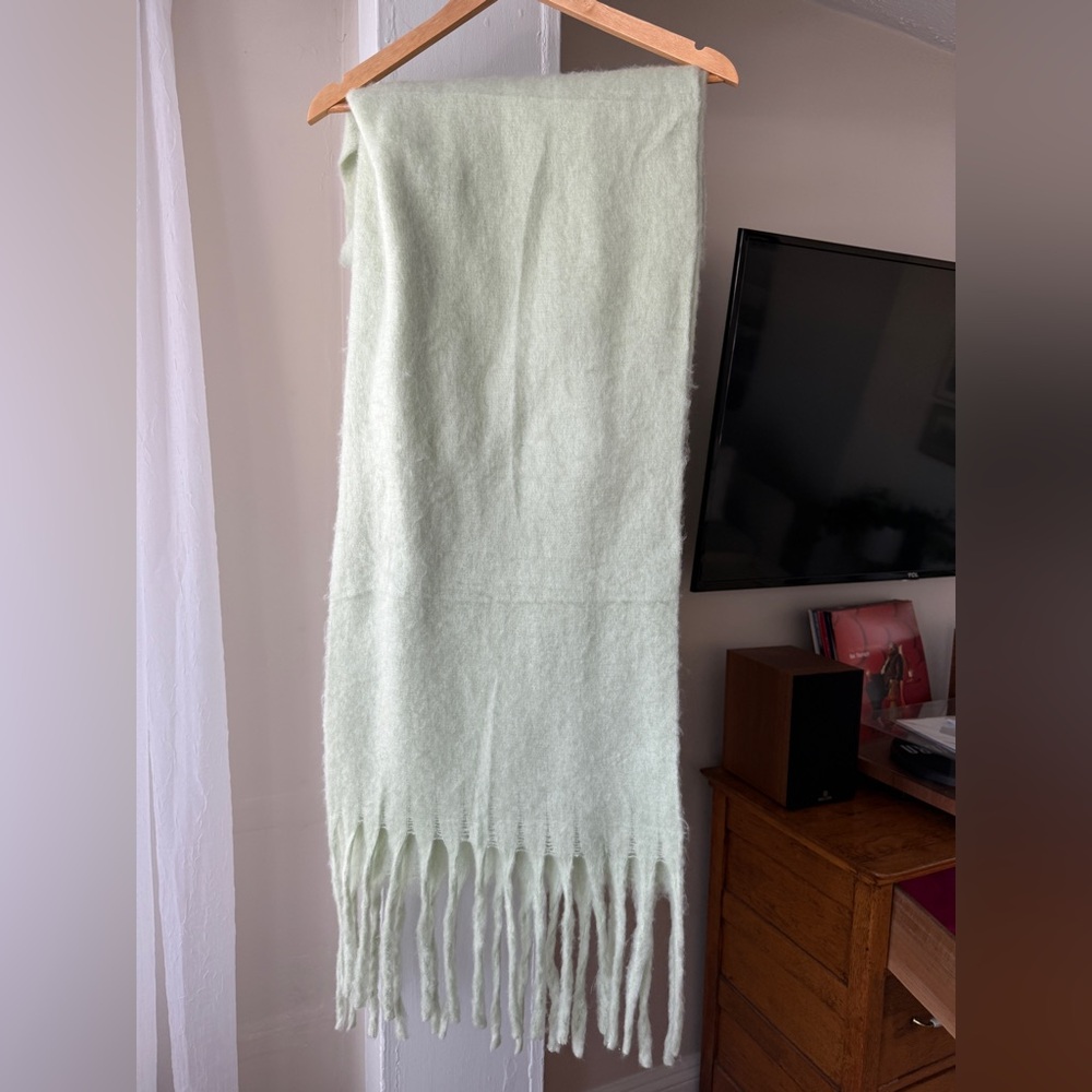 Light Green Fuzzy Fringe Scarf Soft Cozy Winter Wrap